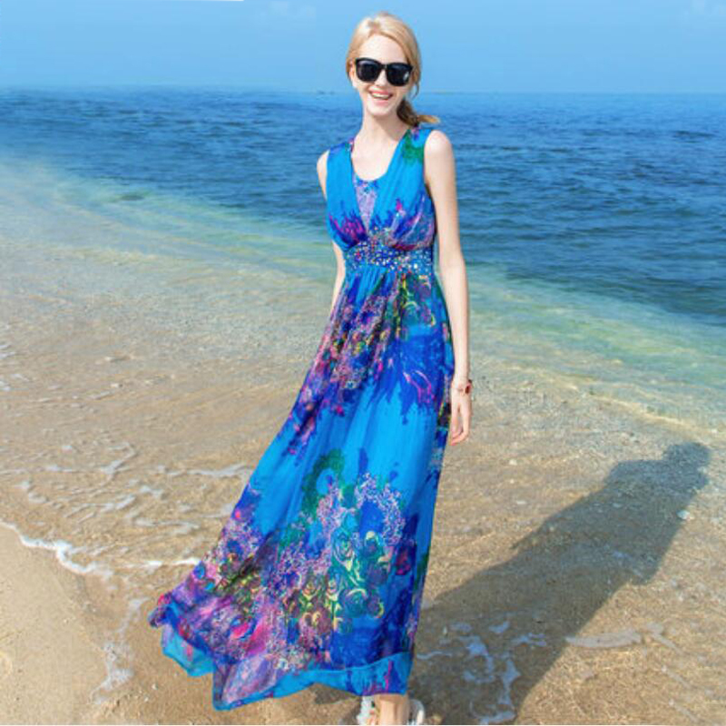 Women 100 Silk dress Beach dress 100% Natural Silk Blue Print dress Holiday summer dresses